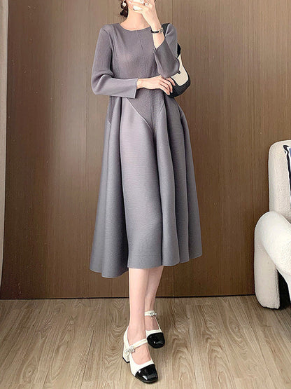 A-Line Loose Pleated Solid Color Split-Joint Round-Neck Midi Dresses