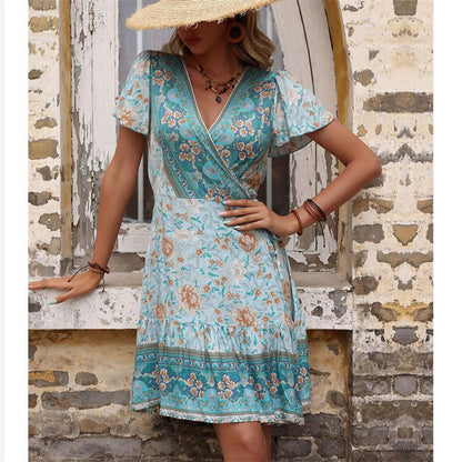 Vintage Printed V-Neck Mini Dress in Apricot and Green