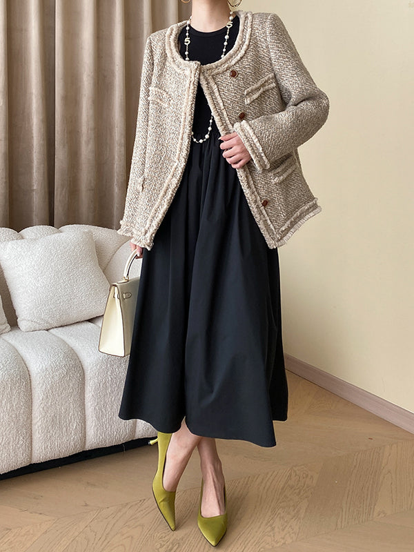 A-Line Long Sleeves Elasticity Hollow Solid Color Split-Joint Round-Neck Midi Dresses