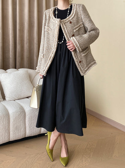 A-Line Long Sleeves Elasticity Hollow Solid Color Split-Joint Round-Neck Midi Dresses