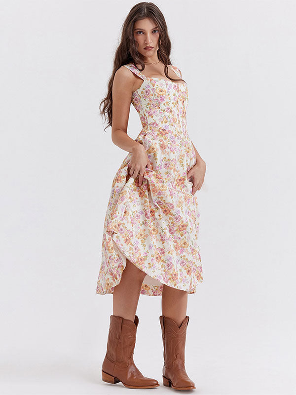 Floral Midi Dresses Backless Split Front U-Neck Sleeveless Lace-up Side Slit Chic Dress