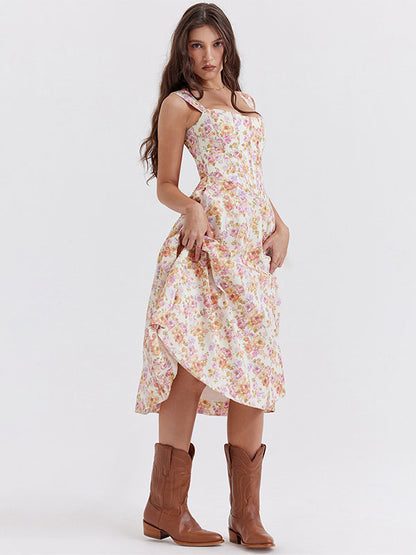 Floral Midi Dresses Backless Split Front U-Neck Sleeveless Lace-up Side Slit Chic Dress