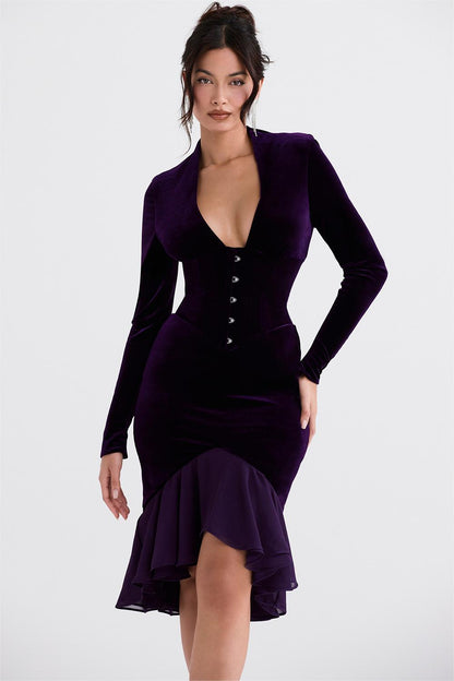 Velvet Solid Long Sleeve Midi Dress