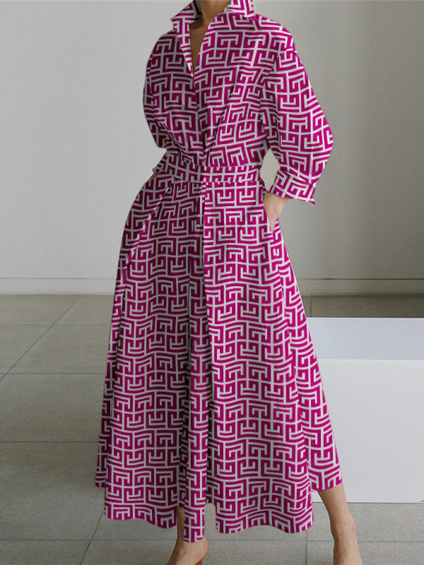 Long Sleeves Loose Pleated Printed Tied Waist Lapel Shirt Dress