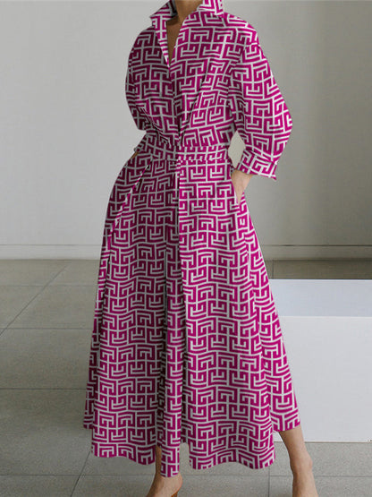 Long Sleeves Loose Pleated Printed Tied Waist Lapel Shirt Dress