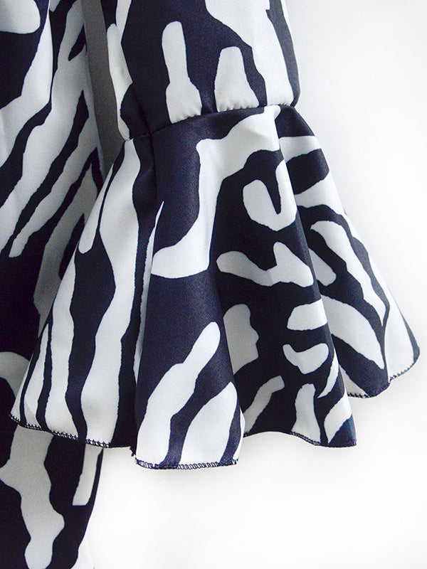 Flared Sleeves Loose Contrast Color Pleated Printed Split-Joint V-Neck Mini Dresses