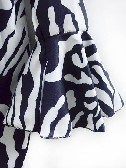 Flared Sleeves Loose Contrast Color Pleated Printed Split-Joint V-Neck Mini Dresses
