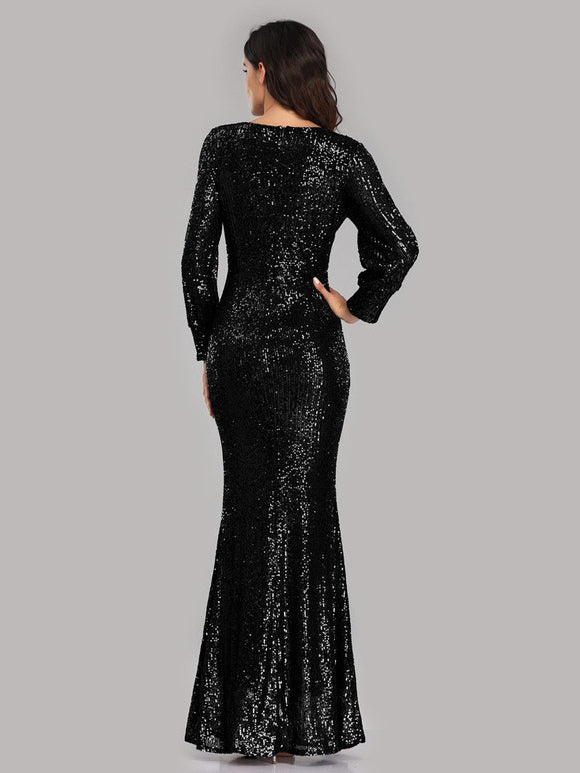 Sequin Party Dresses V-Neck Long Sleeve Birthday Semi Formal Maxi Dress