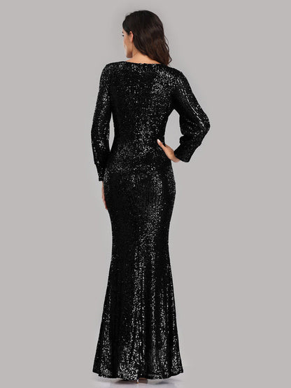Sequin Party Dresses V-Neck Long Sleeve Birthday Semi Formal Maxi Dress