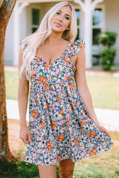 Multicolor Floral Sweetheart Ruffle Sleeveless Mini Dress