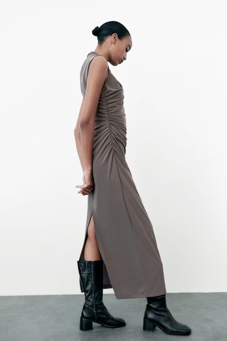 Women Clothing Stand Collar Sleeveless Straight Slim Pleated Decoration Midi Dress