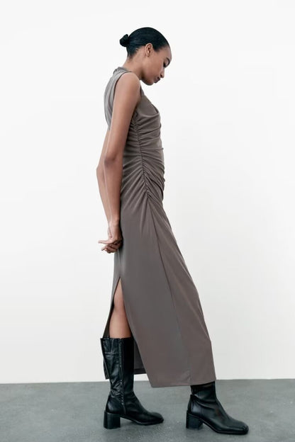 Women Clothing Stand Collar Sleeveless Straight Slim Pleated Decoration Midi Dress