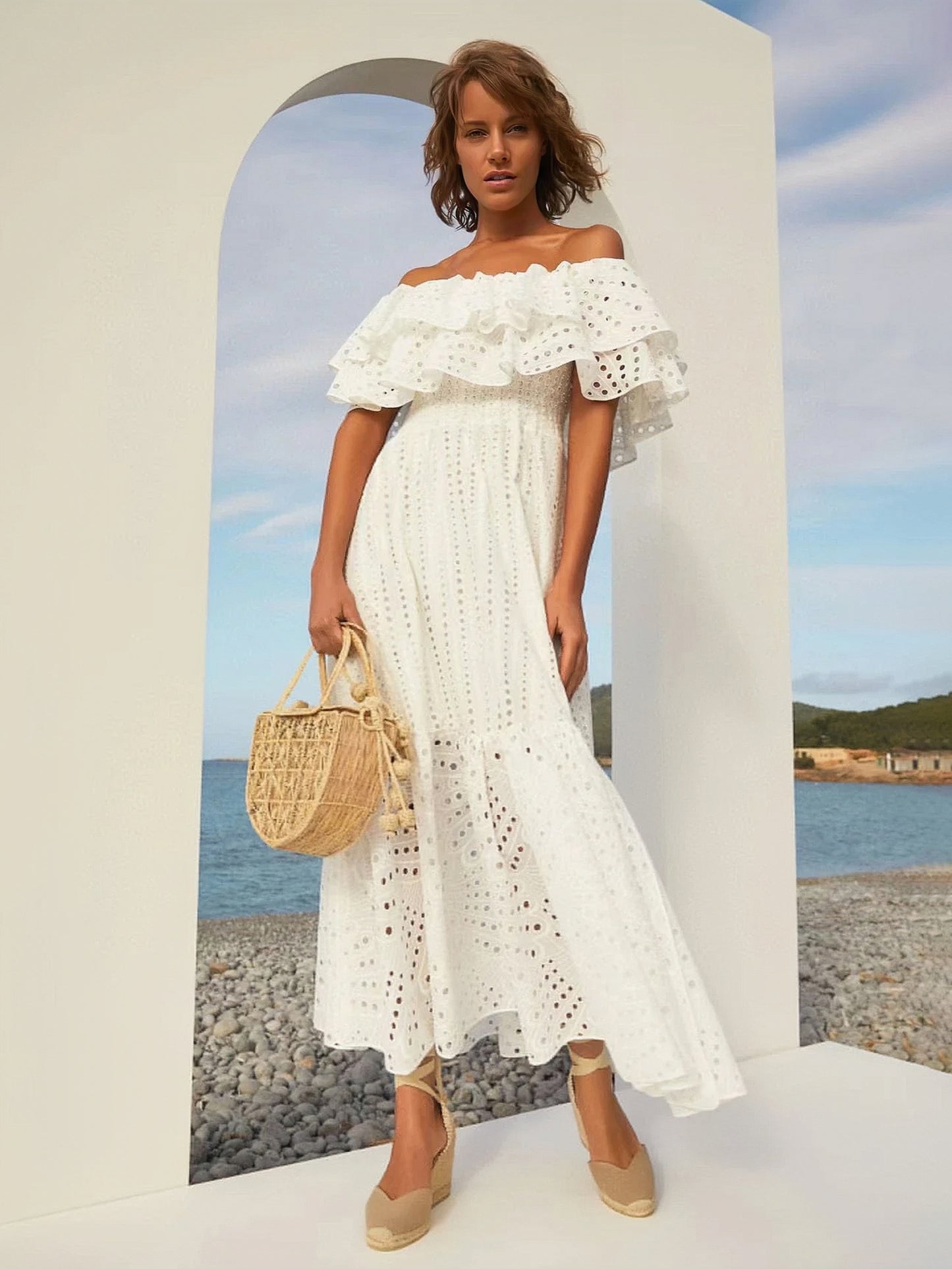 Boho Dress Lace Strapless Bateau Neck Layered Casual Summer Midi Dresses