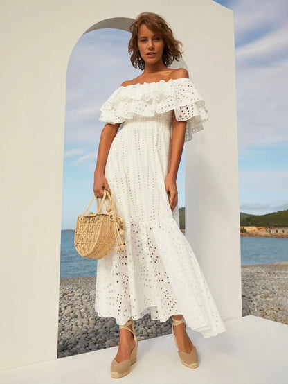 Boho Dress Lace Strapless Bateau Neck Layered Casual Summer Midi Dresses