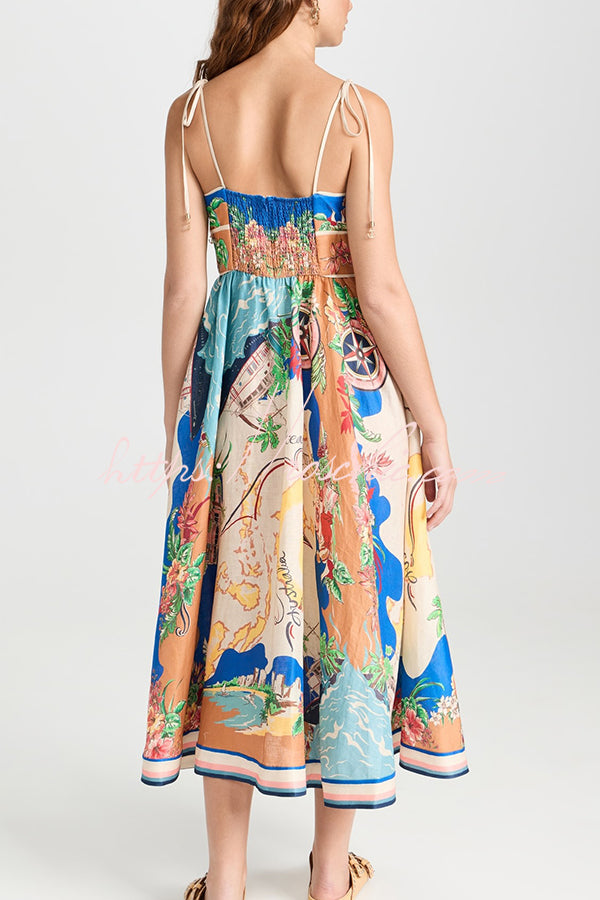 Unique Printed Lace-up Suspender Pockets Casual Resort Style Midi Dress
