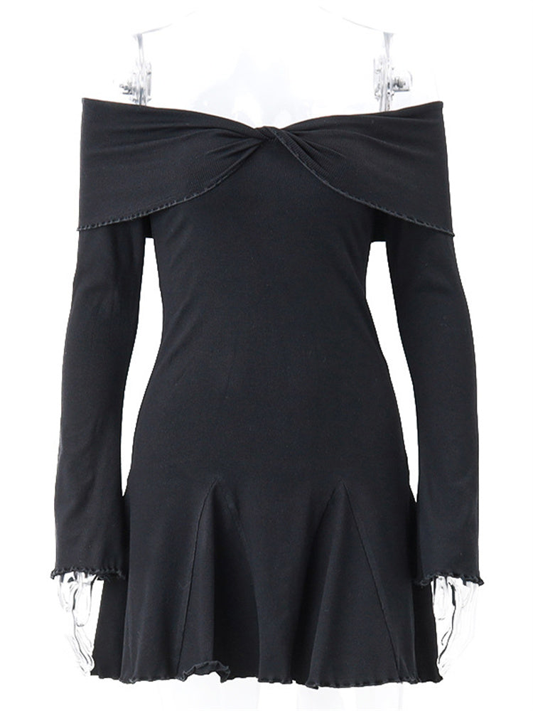 Tossy Black Knit Ruffled Mini Dress Women Patchwork Off-Shoulder Loose Slim Fashion Ribbed Dress Knitwear Clothes Female Dress