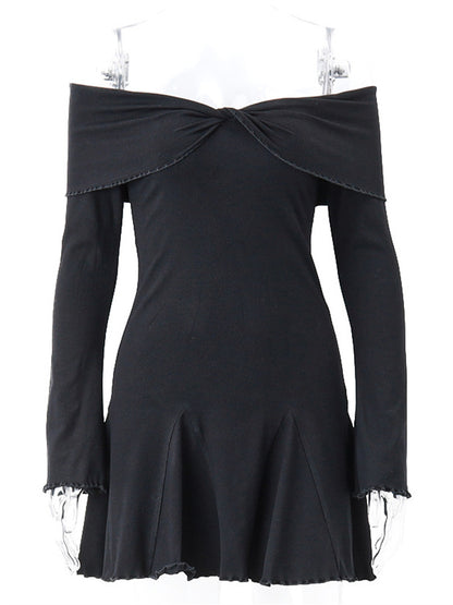 Tossy Black Knit Ruffled Mini Dress Women Patchwork Off-Shoulder Loose Slim Fashion Ribbed Dress Knitwear Clothes Female Dress