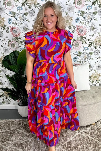 multicolour abstract ruffle maxi dress