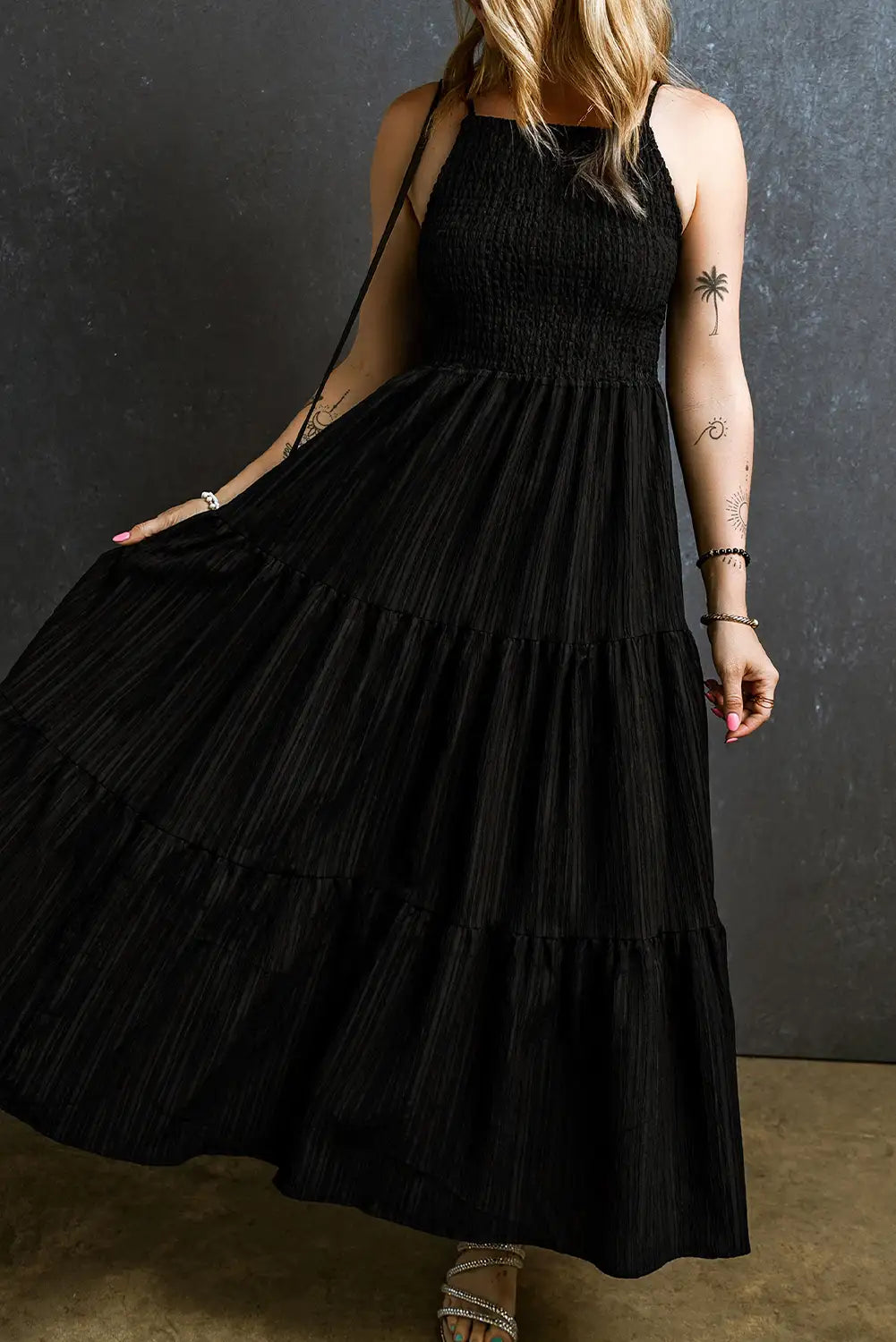 black smocked pleated maxi dress