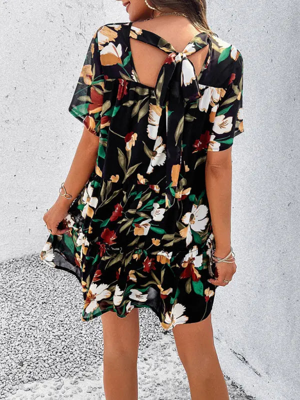 Botanical print short-sleeved tiered mini dress