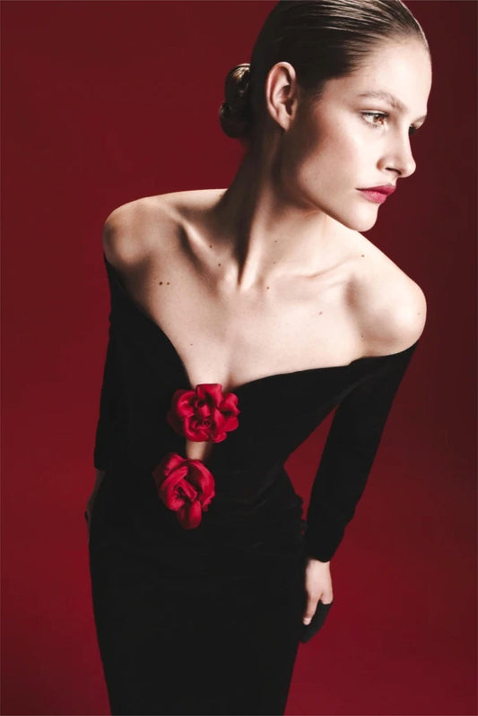 3D Flower Velvet Off-Shoulder Midi Dress