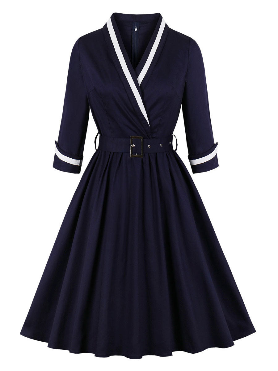 Vintage Dresses 1950s Audrey Hepburn Style Dark Navy Two Tone Belted Long Sleeve V Neck Midi Dress