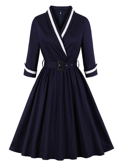 Vintage Dresses 1950s Audrey Hepburn Style Dark Navy Two Tone Belted Long Sleeve V Neck Midi Dress