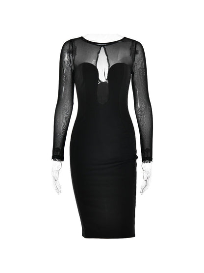 See through Round Neck High Waist Midi Dress