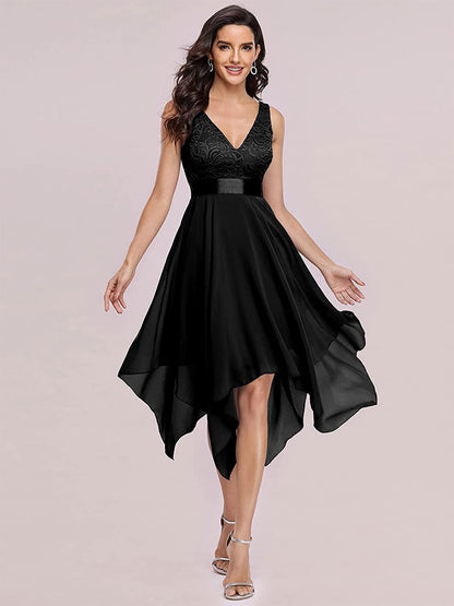 Handkerchief Dresses V-Neck Sleeveless Ribbon Waist Irregular Prom Midi Dress