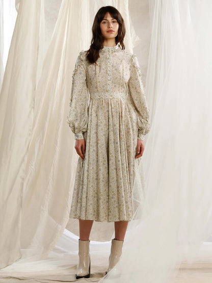 Floral Midi Dress Buttons Belted Lantern Sleeves Elegant Day Dresses