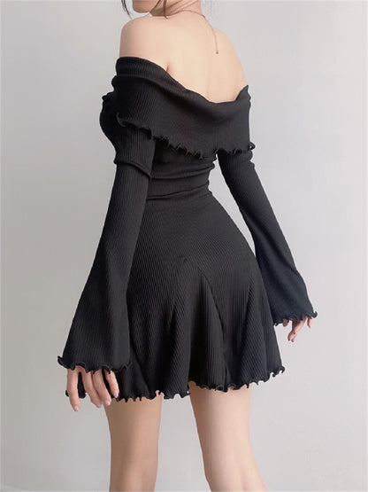 Tossy Black Knit Ruffled Mini Dress Women Patchwork Off-Shoulder Loose Slim Fashion Ribbed Dress Knitwear Clothes Female Dress