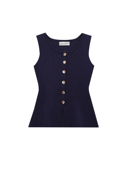 Sleeveless Square-Neck Buttoned Top With Split Hem