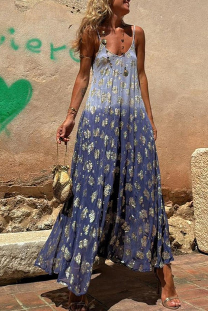 TIE DYE GRADIENT GOLDEN FLOWER PRINT POCKETED A-LINE SLIP MAXI DRESS