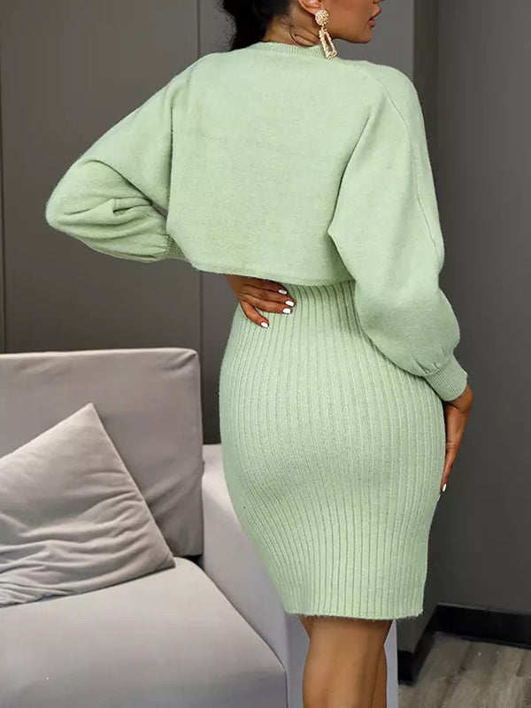 Long Sleeves Solid Color Round-Neck Sweater Top + Inner Dress Two Pieces Set