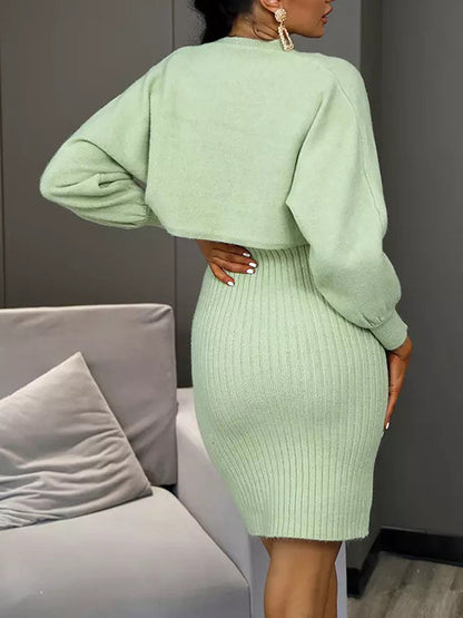 Long Sleeves Solid Color Round-Neck Sweater Top + Inner Dress Two Pieces Set