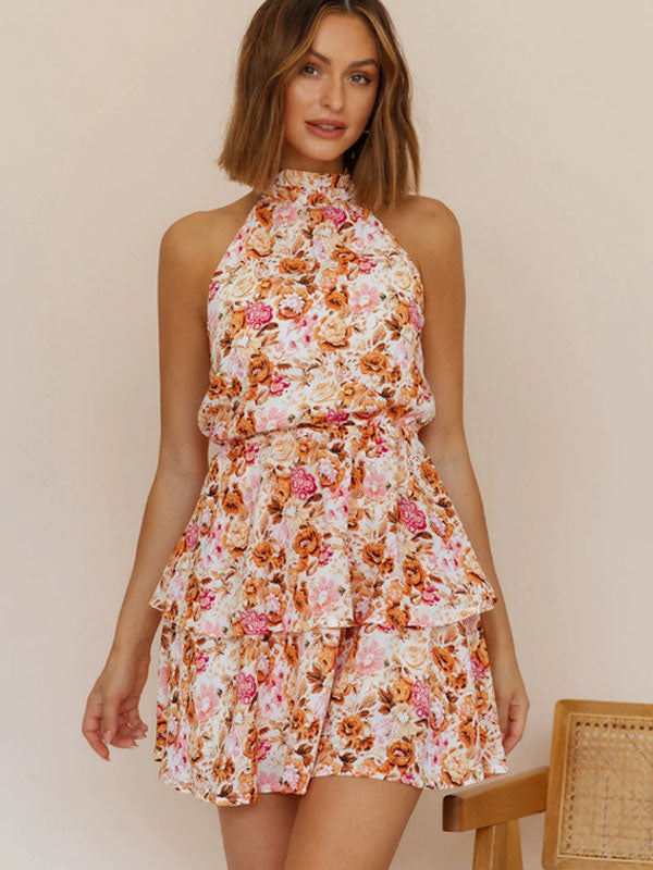 Floral Mini Dresses Strapless Backless Short Lace Up Jewel Neck Sleeveless Backless Sweet Summer Dress