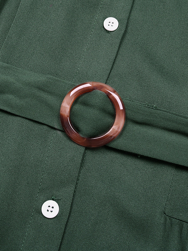 Shirt Dress Short Sleeves Belted Ring Details Buttons Midi Dresses