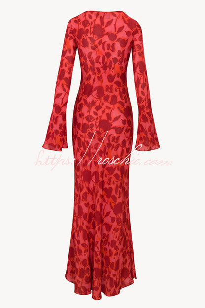Gia Unique Print Boat Neck Long Bell Sleeve Bias Cut Maxi Dress