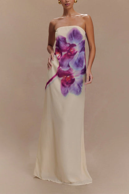 Elegant Strapless Floral Print Maxi Dress
