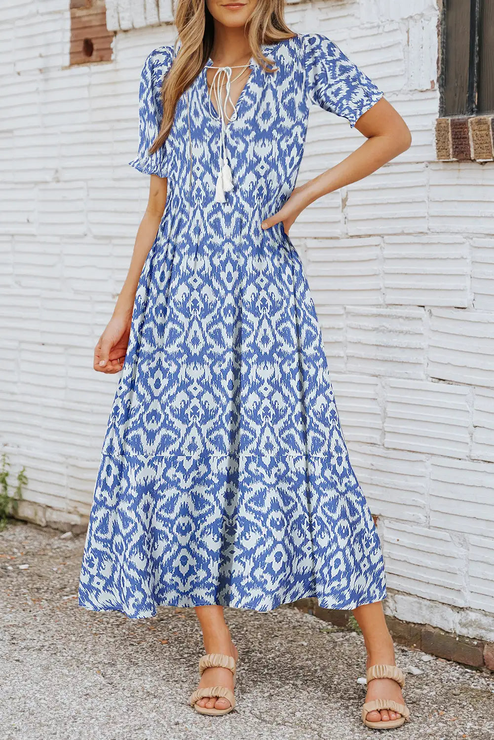 geometric print v neck maxi dress in sky blue