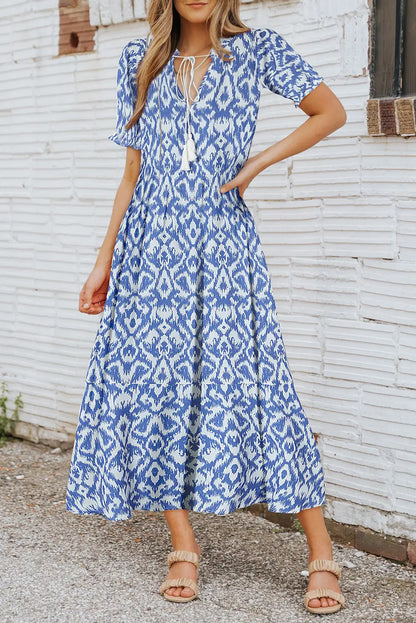 geometric print v neck maxi dress in sky blue