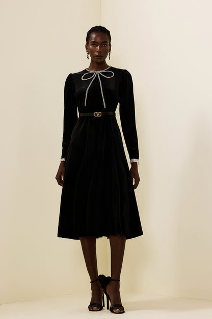 Velvet Rhinestone Bow Midi Dress