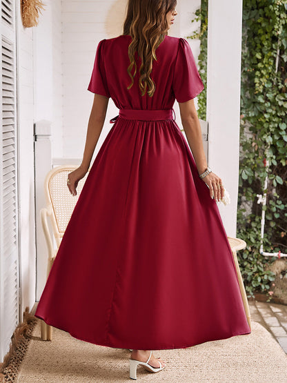 A-line Dress Short Sleeves Round Neck Belted High Slit Casual Maxi Dresses