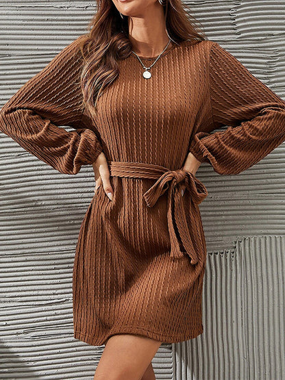 Long Sleeves Loose Hollow Solid Color Tied Waist Round-Neck Mini Dresses