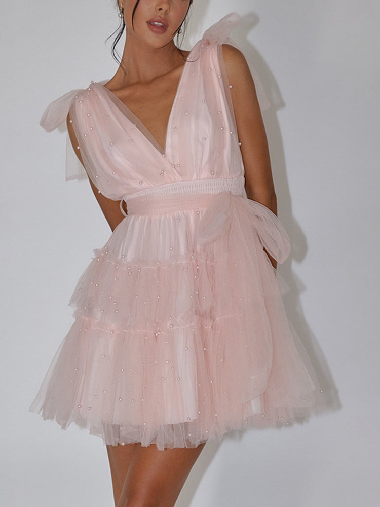 Tossy Mesh Bow Short Dress For Women Pearl Patchwork Sleeveless High Waist Solid Color Party Evening Elegant Female Mini Dress