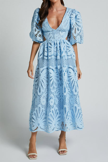 Lace V-Neck Cut-Out Midi Dress Blue