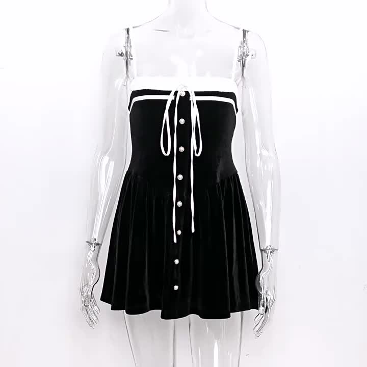 Velvet Dress Black Irregular Ruffles Daily Casual Sleeveless Two-Tone Straps Neck Summer Short Mini Dresses