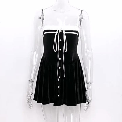 Velvet Dress Black Irregular Ruffles Daily Casual Sleeveless Two-Tone Straps Neck Summer Short Mini Dresses