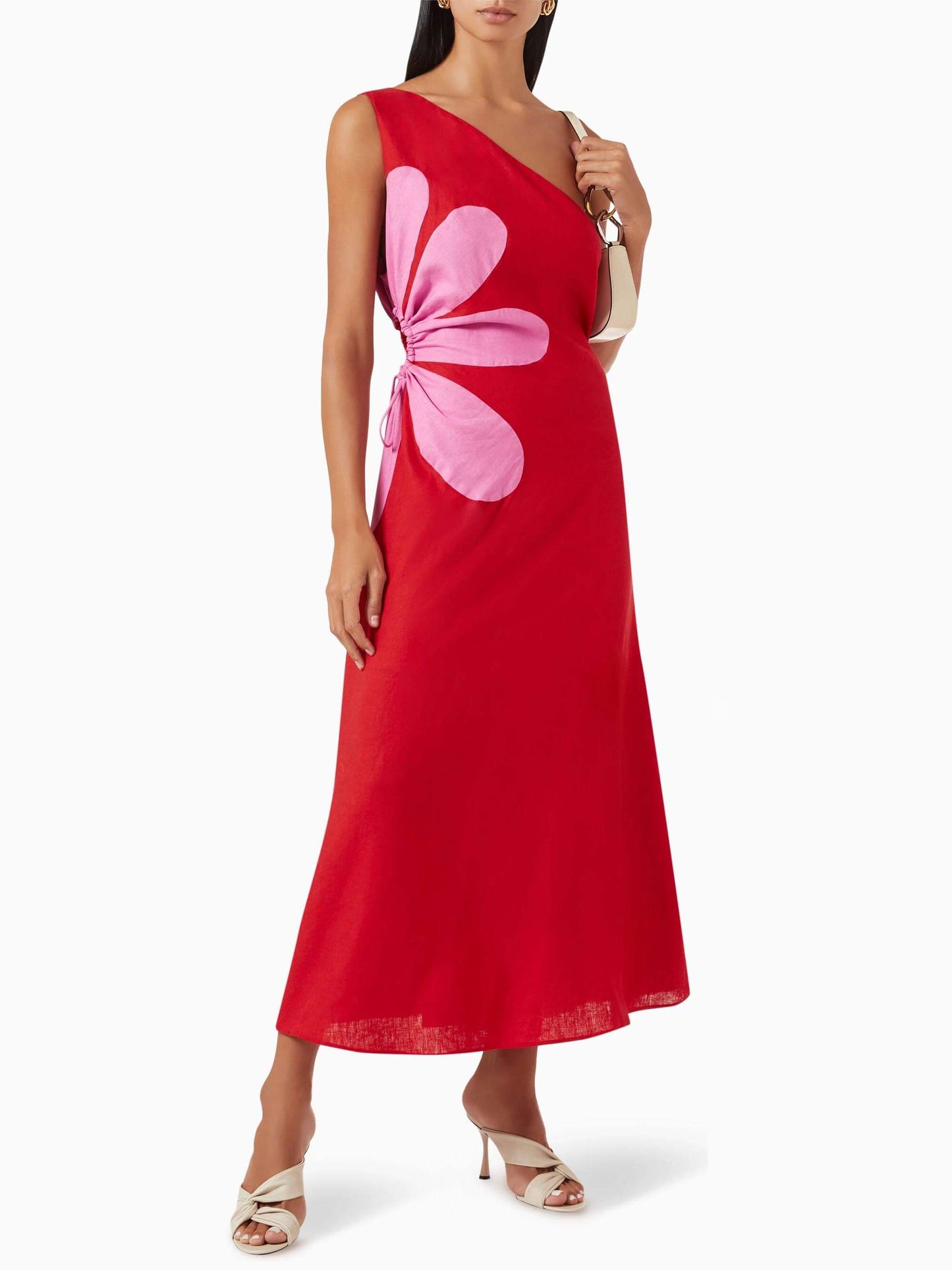 Poppy - Red Floral Print One-Shoulder Midi Dress
