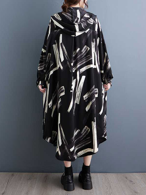 Long Sleeves Loose Buttoned Hooded Printed Midi Dresses Outerwear